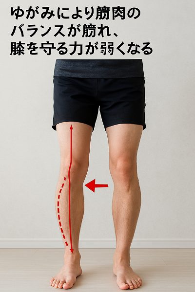 箕面市にある膝痛改善が得意なしんそう箕面桜井が考える膝の痛みが起こる原因は、ゆがみにより筋肉のバランスが崩れ膝を守る力が弱くなるから